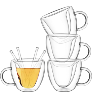 Set 4 cani cu pereti dubli si 4 lingurite, Quasar & Co, 250 ml, interior forma inima, termorezistenta, transparent