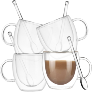 Set 4 cani cu pereti dubli si 4 lingurite, Quasar & Co, model rotund, termorezistenta, lingurita ceai/cafea, 250 ml, sticla, transparent