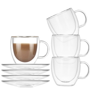 Set 4 cani si 4 farfurioare, Quasar & Co, cana 250 ml cu pereti dubli, d 8 cm, h 9 cm, farfurioara 10.5 cm, termorezistenta, transparent