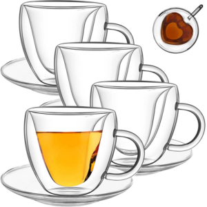 Set 4 cani si 4 farfurioare, Quasar & Co, cana 250 ml cu pereti dubli, interior forma inima, farfurioara 10.5 cm, termorezistenta, transparent