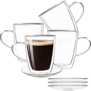 Set 4 cani si 4 farfurioare, Quasar & Co, farfurioara 10.5 cm, cana 350 ml cu pereti dubli, termorezistenta, transparent