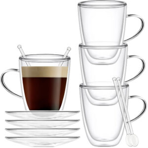 Set 4 cani si 4 farfurioare si 4 lingurite, Quasar & Co, farfurioara 10.5 cm, cana 350 ml cu pereti dubli, termorezistent, transparent