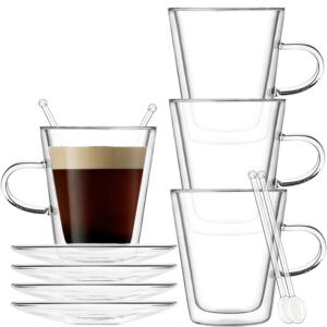 Set 4 cani si 4 farfurioare si 4 lingurite, Quasar & Co, termorezistente, sticla borosilicata, 250 ml, transparent