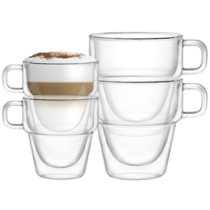 Set 4 cesti cu pereti dubli Quasar & Co.® suprapozabile, sticla termorezistenta, 125 ml si 250 ml, transparent