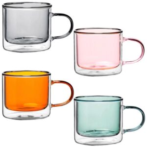 Set 4 cesti cu pereti dubli Quasar & Co.®, termorezistente, model drept, 4×250 ml, sticla borosilicata, gri-portocaliu