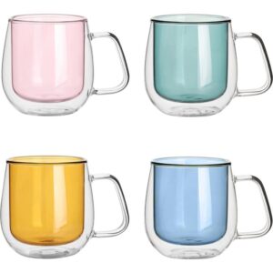 Set 4 cesti cu pereti dubli Quasar & Co.®, termorezistente, model rotund, 4×250 ml, sticla borosilicata, verde-albastru