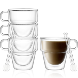 Set 4 cesti cu pereti dubli cu 4 lingurite, Quasar & Co. suprapozabile, sticla termorezistenta, transparent, 250 ml