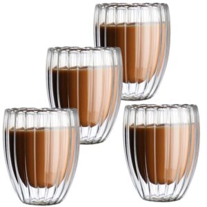 Set 4 pahare cu pereti dubli, Quasar & Co.®, termorezistente, model stripe, 4×270 ml, sticla, transparent