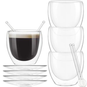 Set 4 pahare cu pereti dubli cu 4 farfurioare si 4 lingurite, Quasar & Co, termorezistente, 250 ml, sticla, transparent