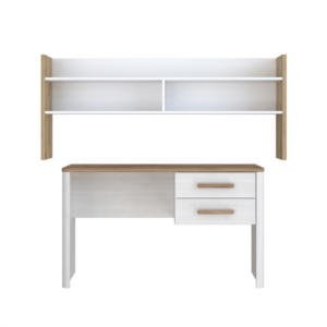 Set Birou RAMIRO, cu 2 sertare 125x60x74 cm + etajera birou RAMIRO, cu spatii depozitare, 140x26x60 cm, alb + stejar Artisan