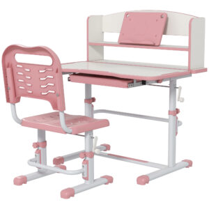 Set Birou si Scaun pentru Copii Reglabil in Inaltime cu Sertar, Raft pentru Carti, pentru 6-12 ani – Roz ZONEKIZ | Aosom Romania