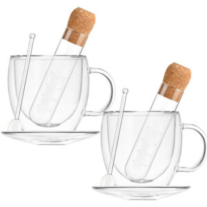 Set ceai, Quasar & Co, cu 2 cesti cu pereti dubli, 2 farfurioare, 2 lingurite, 2 infuzoare, 250 ml, sticla, transparent