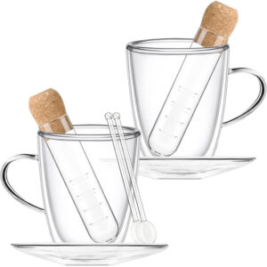 Set ceai, Quasar & Co.®, cu 2 cani cu pereti dubli, 2 farfurioare, 2 lingurite, 2 infuzoare, 2×350 ml, sticla, transparent