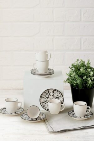 Set cesti de cafea, Hermia, 275KRM1924, Farfurie: 12 cm (6 bucăți), Alb/Negru