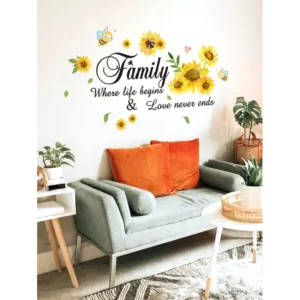 Sticker Perete Autocolant Flori de Floarea Soarelui si Mesaj Familie 68x43cm