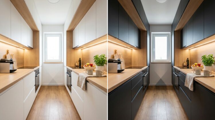 amenajare bucatarie mica si ingusta alba in apartament mic legenda casei
