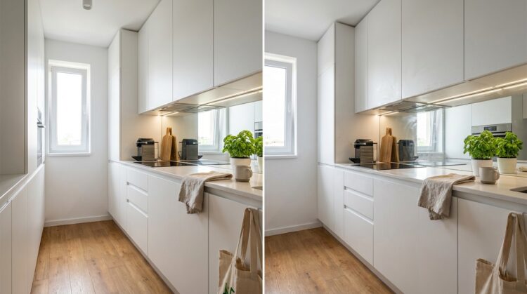 amenajare bucatarie mica si ingusta oglinzi ca backsplash legenda casei