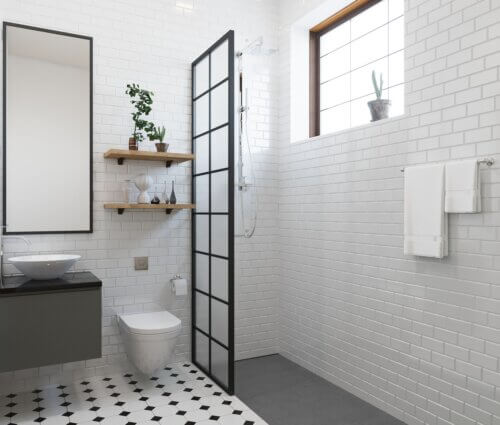 baie simpla cu dus pe colt, interioare case simple, legenda casei