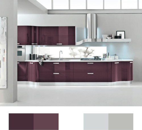 combinatii 2 culori bucatarie violet alb, mobilier pereti lux bucatarie, legenda casei