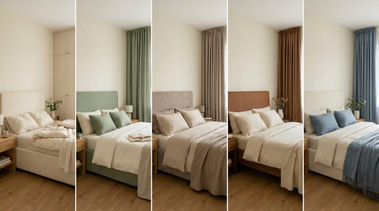 combinatii culori crem dormitor lemn natural vs verde salvie vs bej taupe vs maro tobacco vs albastru prafuit legenda casei