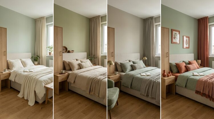 combinatii verde salvie cu crem vs bej vs gri cald vs lemn natural culori dormitor legenda casei