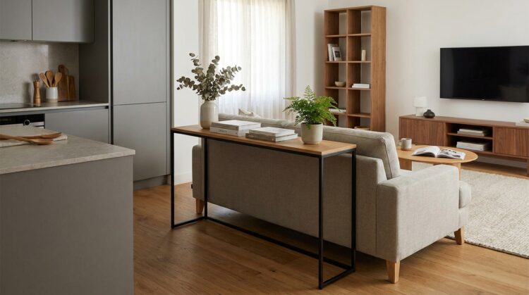 comoda si consola granita fizica usoara amenajare living open space deschis spre bucatarie legenda casei