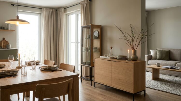 consola bufet vitrina amenajare living cu zona de dining integrata legenda casei