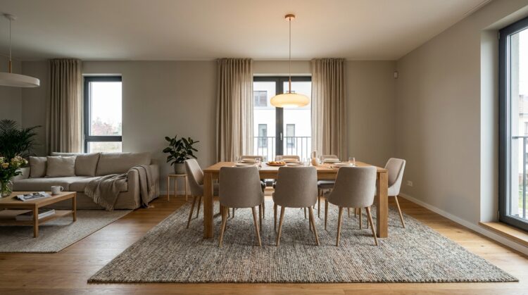 covor si iluminat amenajare living cu zona de dining integrata legenda casei
