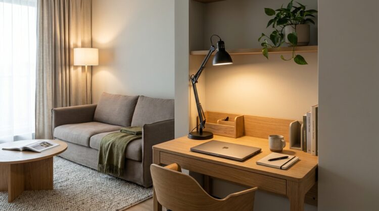 decoratiuni si iluminat amenajare living multifunctional cu zona de birou legenda casei