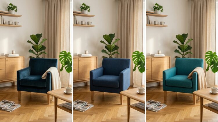 fotoliu albastru vs turcoaz materialul schimba perceptia nuantei legenda casei