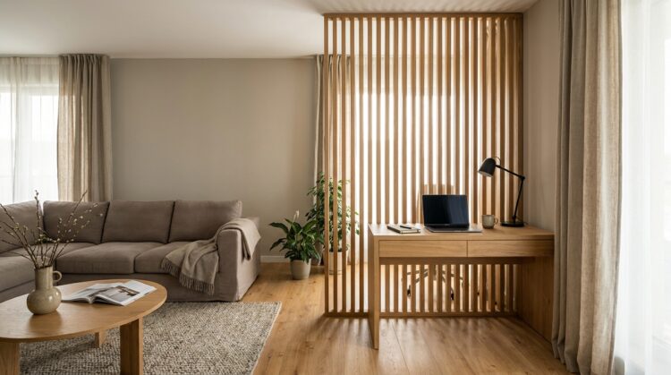 paravan si separator vizual amenajare living multifunctional cu zona de birou legenda casei