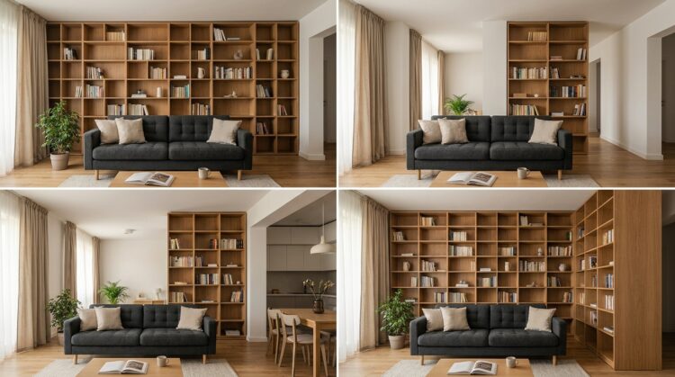 pozitionare biblioteca living perete plin vs zona de circulatie legenda casei