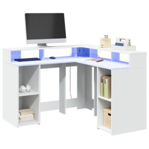 vidaXL Birou cu lumini LED, alb, 130x130x91 cm, lemn prelucrat