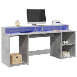 vidaXL Birou cu lumini LED, gri beton, 200x55x91 cm, lemn prelucrat