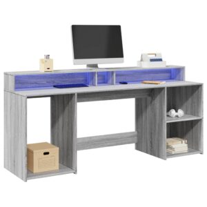 vidaXL Birou cu lumini LED, gri sonoma, 200x55x91 cm, lemn prelucrat