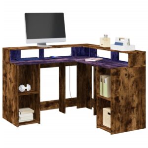 vidaXL Birou cu lumini LED stejar fumuriu 130x130x91 cm lemn prelucrat