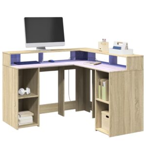 vidaXL Birou cu lumini LED stejar sonoma 130x130x91 cm, lemn prelucrat