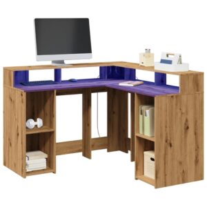 vidaXL Birou lumini LED stejar artizanal 130x130x91cm lemn prelucrat